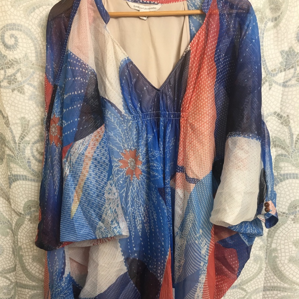 Diane Von Furstenberg Blue and Orange Boho Top